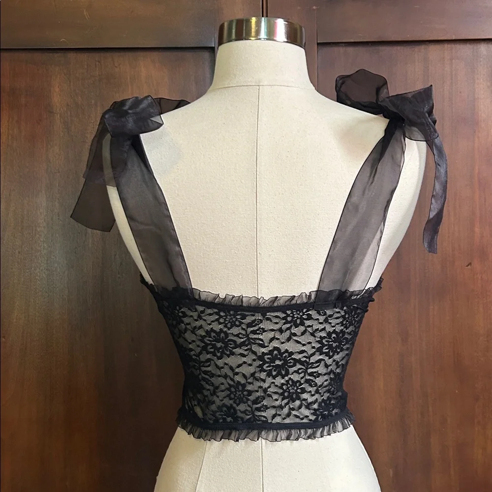 Black Lace Corset with Sheer Organza Bow Straps S - Picture 3 of 6